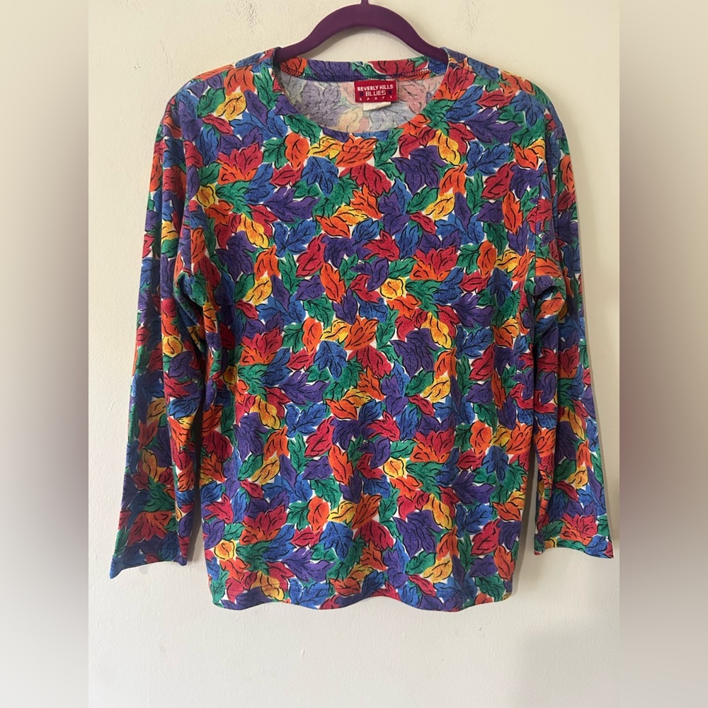 Vintage Beverly Hills Blues Sport-Colorful Leaf Pattern Long Sleeve Top